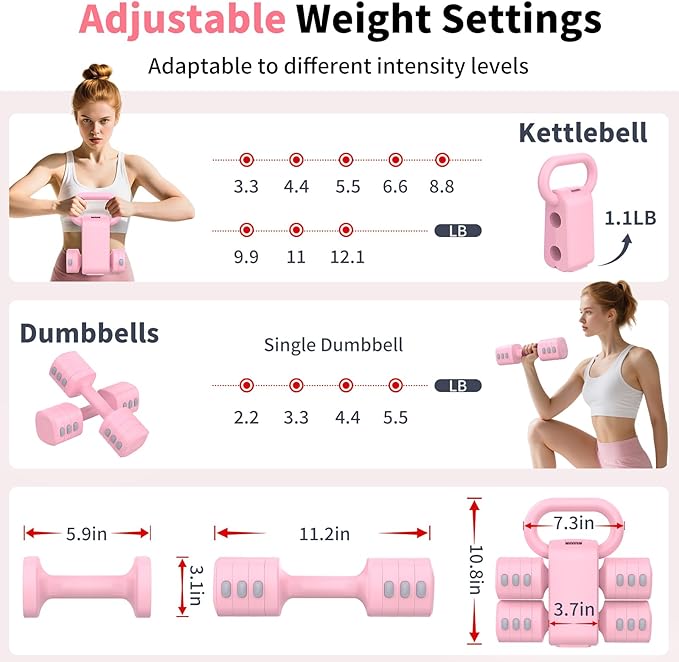 2-in-1 Adjustable Dumbbells Set, 4 Levels Weight Dumbbells Set for Women Men, Each 2.2/3.3/4.4/5.5lb Hand Weights with Kettlebell Form for Home Gym Exercise Training-FlexoryFit