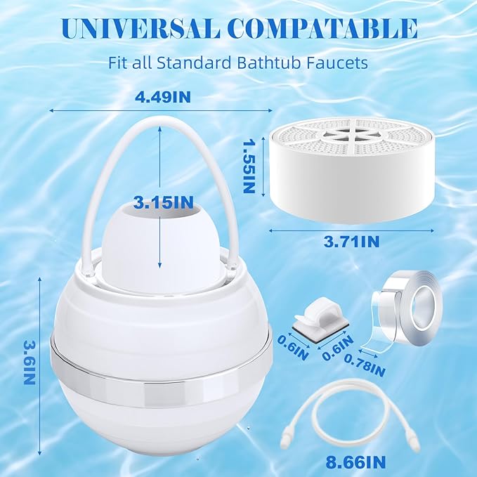 Bath Filter for Tub, Filter for Bathtub Bath Water Filter Removes Hundreds of Contaminants for Softer, Smoother Skin 2500 Gallons of Filtration, BPA Free