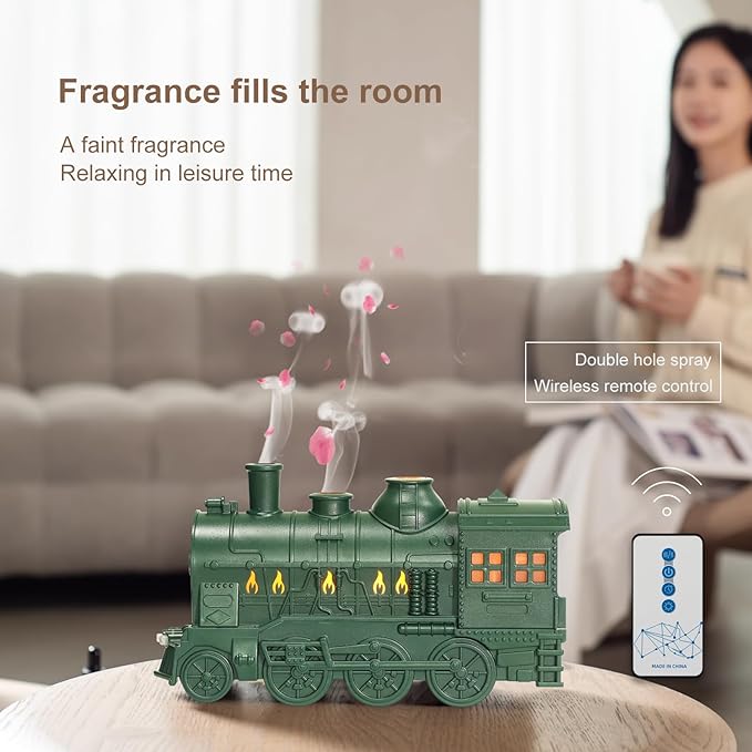 Train Diffuser 300ml, Aromatherapy Cool Mist Ultrasonic Aroma Train Diffuser with Remote Control 2 Light 2 Mist Mode Auto Shut-Off for Bedroom Office Hotel (Green)