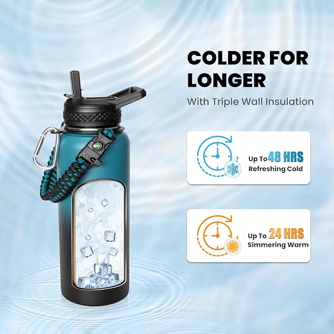 Insulated Water Bottle 32 oz, Triple Wall Vacuum Stainless Steel (Cold for 48 Hrs, Hot for 24Hrs), Leak Proof & Non-BPA, 32oz Hydro Water Flask with Paracord Handle & Straw Spout Lids-FlexoryFit