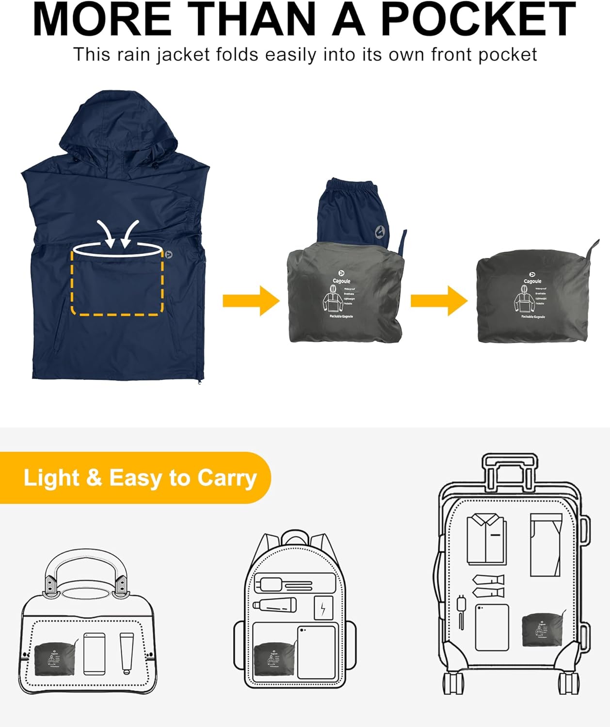 Outdoor Ventures Men's Rain Jacket Waterproof Lightweight Packable Rain Pullover for Hiking Golf Running