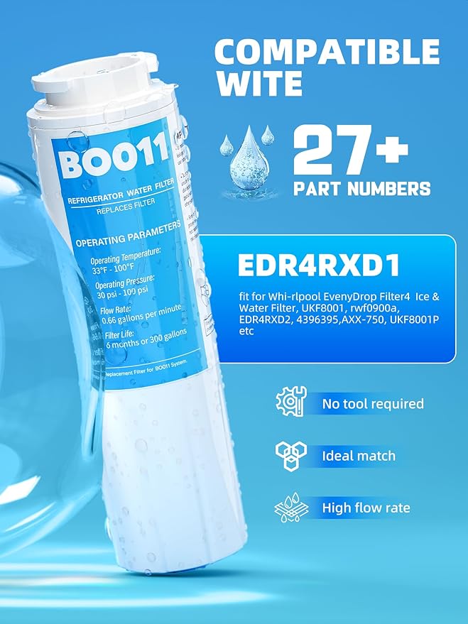 Upgraded BOGDA EDR4RXD1 RWF0900A Water Filter UKF8001, Fit for Evenydrop Filter 4 and Whirl-Pool Water Filter 4, Replacement RFC0900A, AXX-200/750, UKF8001P, 469006, WD-F07, 4 packs