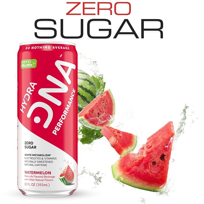 HYDRADNA- Clean Performance Drink, Zero Sugar | For Natural Fuel, Alertness, Boost, Stamina,120 mg Organic Caffeine, Natural Flavors, Zero Sucralose, Clean Ingredients (12 Pack) (12 Pack, Watermelon)-FlexoryFit