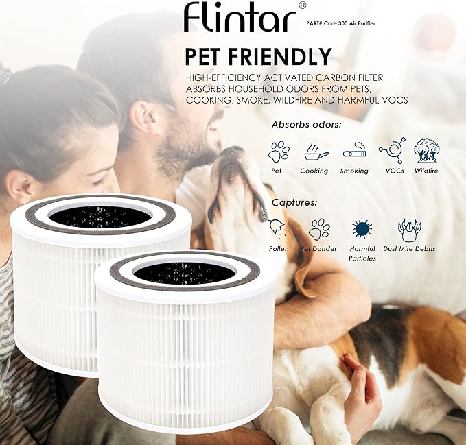 Flintar Core 300 Replacement Filters, Made in Taiwan, Compatible with LEVOIT Core 300-P, Core 300S Air Purifier, 3-in-1 H13 True HEPA Filter Replacement, Core 300-RF, 2-Pack
