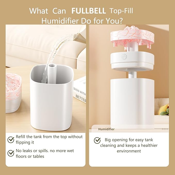 FULLBELL Cool Mist Humidifier, 400ML, 10-20 Hours Runtime, 7 Color Lights, 2 Modes, 24db Quiet (White-400ML)