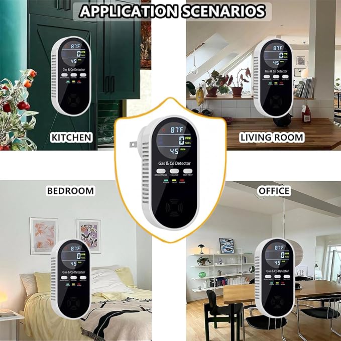 5 in 1 Carbon Monoxide Detector & Natural Gas Detector with Temperature Humidity Display，Battery Backup for Plug-in Co Detector and Combination Gas Suitable for Home/Hotel/Travel - 1Pcs
