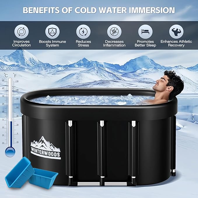XL Ice Bath Tub For Athletes - 129 Gallon Oval Shaped Durable Frame - Recovery Cold Plunge & Cold Water Therapy - Portable Build - Easy Installation - Includes Two Collapsible Ice Molds & Thermometer