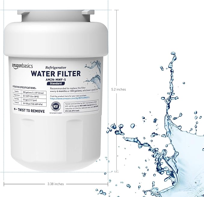Amazon Basics Replacement Water Filter Cartridge Compatible with GE MWF Refrigerator, Pack of 3, Standard Filtration