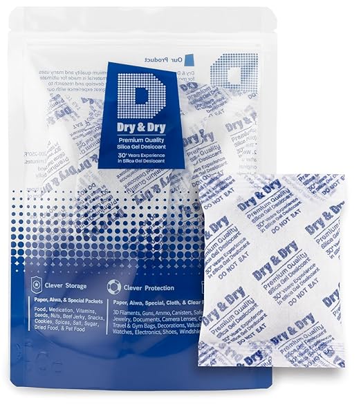 Dry & Dry Silica Gel Packets Desiccants - Rechargeable Silica Gel Packs, Desiccants Packets - White - 10 Packets (50 Gram)