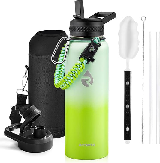 Insulated Water Bottle 40 oz, Triple Wall Vacuum Stainless Steel (Cold for 48 Hrs), Leak Proof & Non-BPA, Modern Water Flask Jug with Paracord Handle & Straw Spout Lids, Ombre Green-FlexoryFit
