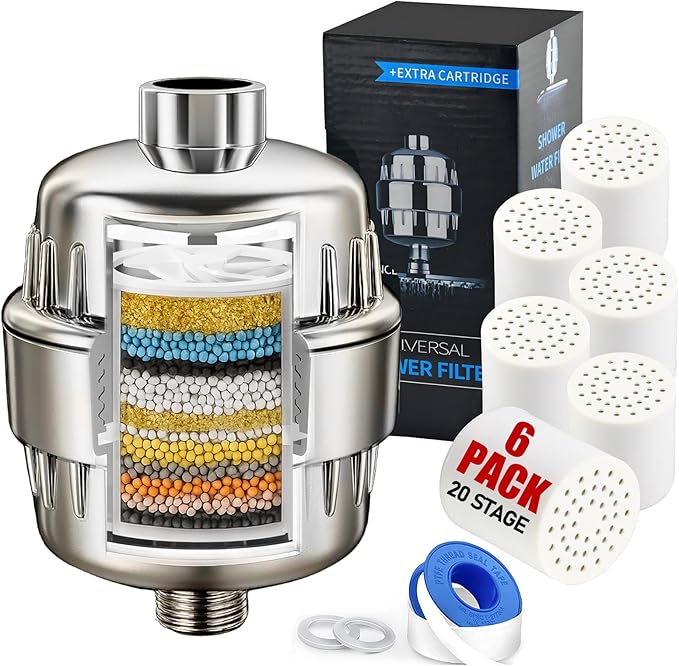 Shower Filter for Hard Water Brushed Nickel - 6 Replacement Cartridges -20 Stage - Showhead Water Softener to Remove Chlorine and Fluoride
