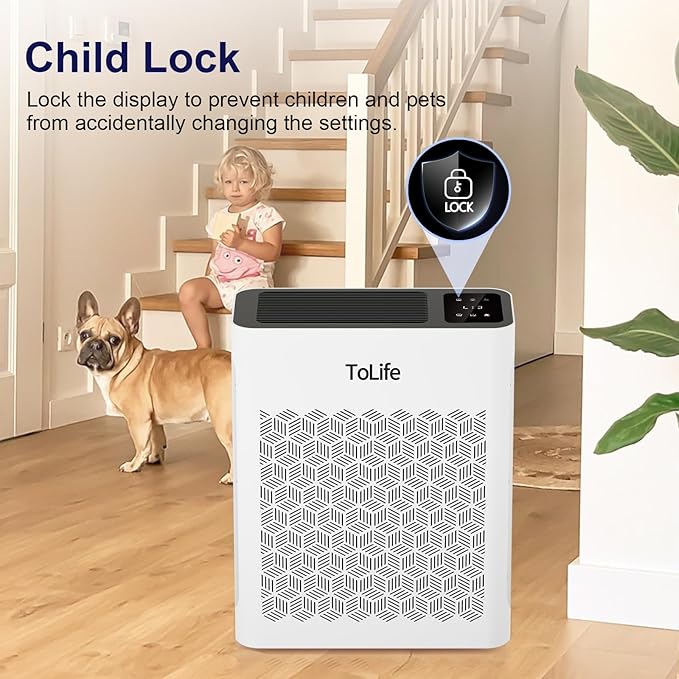 Tolife Powerful Air Purifiers for Home Large Room Up to 2000 Ft²Pets with Washable Filter, Sleep Mode, Timer, HEPA Filter Pet Air Purifier for Bedroom,White