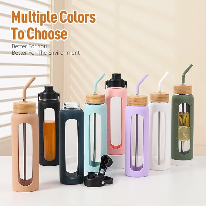 Kodrine Water Bottle with Straw, 24 oz Glass water Bottle with 2 Lids Bamboo Straw Lid and Spout Lid with Handle, 32 oz Clear Water Bottle Glass for Sports Travel, Waterbottle with Time Marker-FlexoryFit