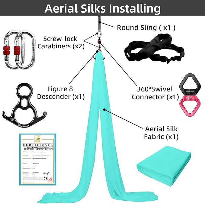PRIOR FITNESS Aerial Silks Kit Colorful 9/15/20 Yards 40D Nylon Fabric Hammock Set With Hardware & Guide for All Levels Of Aerial Yoga Practice and Acrobatic Flying For Adults Aerial silk-FlexoryFit