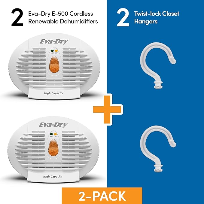 Eva-Dry E-500 Renewable Dehumidifier 2-Pack (6–8 oz Capacity Each), White – Ideal for Closets, Bathrooms, Safes, Boats, and RVs