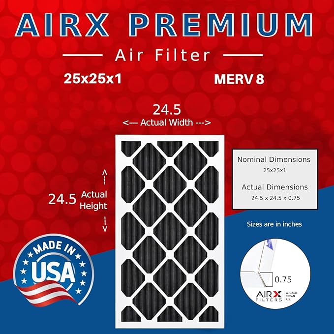 AIRx Filters WICKED CLEAN AIR 25x25x1 Carbon Air Filter Odor Eliminator MERV 8 AC HVAC Furnace Filters 6 Pack