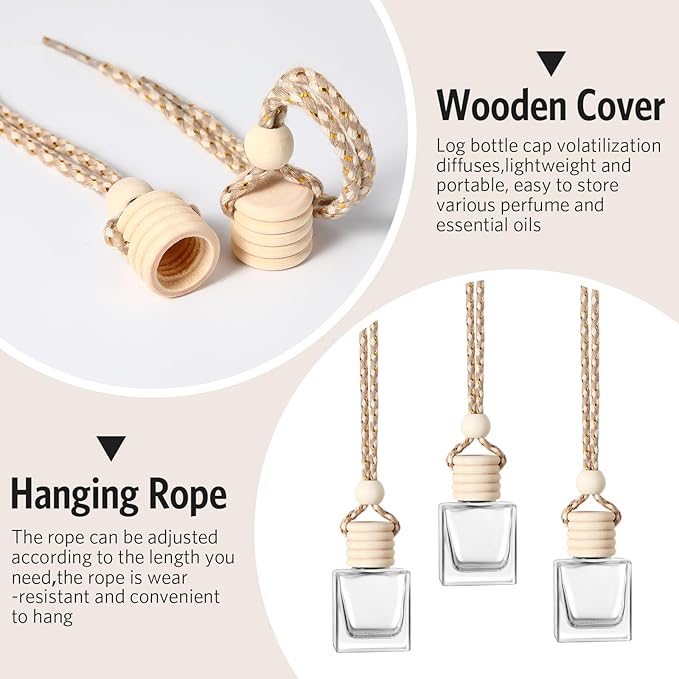 BBTO 100 Pcs Oil Air Freshener Diffuser with Wooden Cap Empty Essential Diffuser Aromatherapy Car Fresheners Car Fragrance Holder Aesthetic Decor Hanging Perfume Bottle (Clear,square Style)