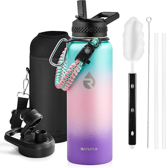 Insulated Water Bottle 40 oz, Triple Wall Vacuum Stainless Steel (Cold for 48 Hrs), Leak Proof & BPA-Free, Modern Water Flask Jug with Paracord Handle & Straw Spout Lids, Hydrangea-FlexoryFit