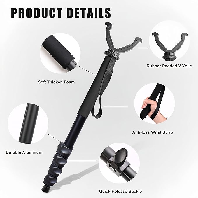 Shooting Stick with V Yoke, 22-62 inches Adjustable Aluminum Shooting Monopod for Hunting Rifles