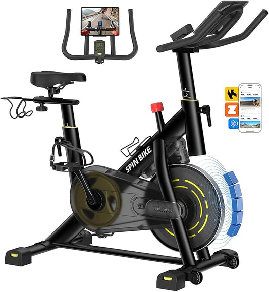 YAMO Exercise Bike, Upgraded Stationary Bikes for Home Cardio with App Compatible, Adjustable Quiet Magnetic Resistance Indoor Cycling Bike 300 LBS Capacity Comfortable Seat Cushion & Tablet Mount-FlexoryFit