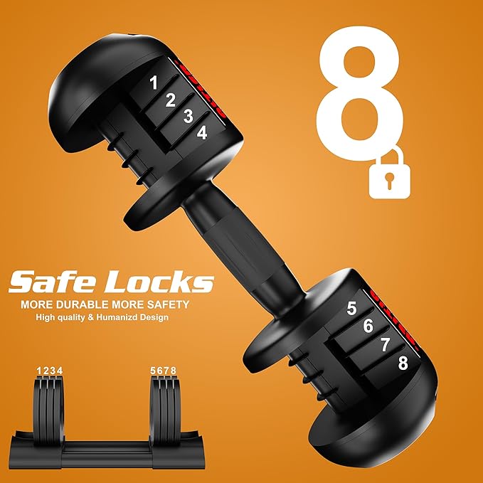 Adjustable Dumbbell,22LBS 44LBS 52LBS Dumbbell Set with Tray for Fitness, Fast Adjust Weight by Turning Anti-Slip Handle, Safety with 8 Lock Slots, Suitable for Men and Women-FlexoryFit