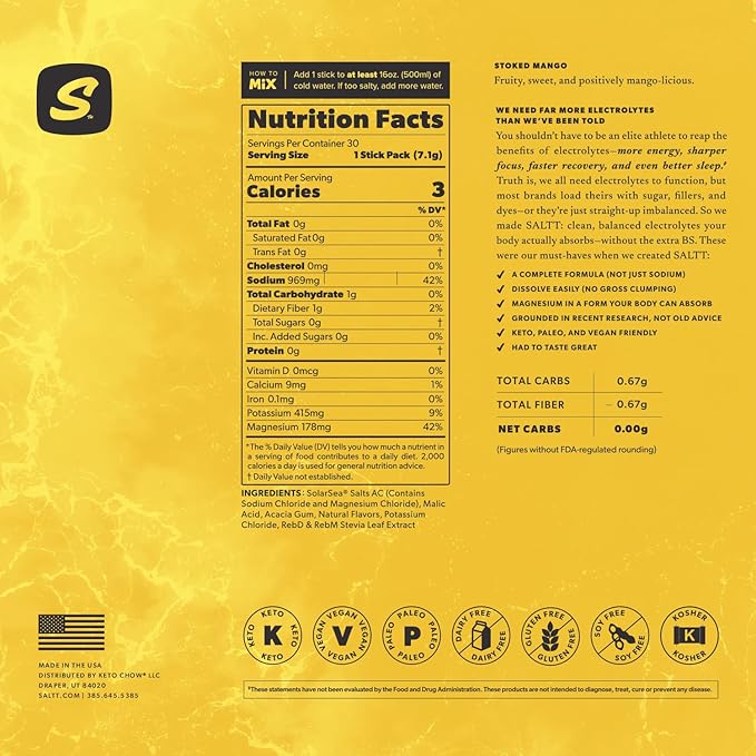 Keto Chow SALTT Electrolytes Powder Packets, Stoked Mango (30 Hydration Packets) - Magnesium, Potassium, Sodium, Trace Minerals - Vegan, Sugar & Gluten Free - Travel Essentials - Made in USA-FlexoryFit