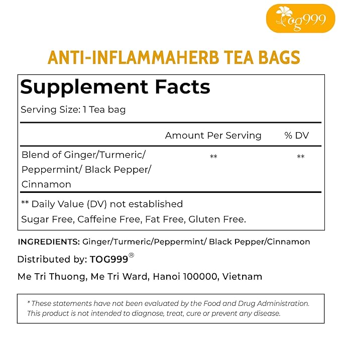 120 Tea Bags - Anti-Inflammaheb Loose Leaf Tea, 100% Natural from Ginger, Turmeric, Peppermint, Black Pepper, Cinnamon. Made with Natural Material Tea Bags. No Sugar, No Caffeine, No Gluten, Vegan.-FlexoryFit