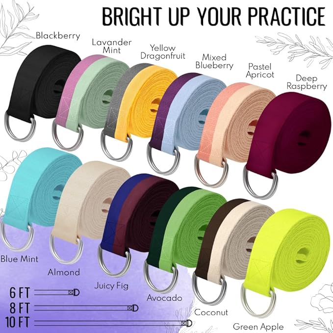 TECEUM Yoga Strap & Mat Strap – 2 IN 1 – Cotton – 6 ft 8 ft 10 ft (30+ colors) – Adjustable Non-Slip Belt for Yoga, Pilates, Stretching, Physical Therapy, Fitness & Home Workout – For Carrying Mats-FlexoryFit