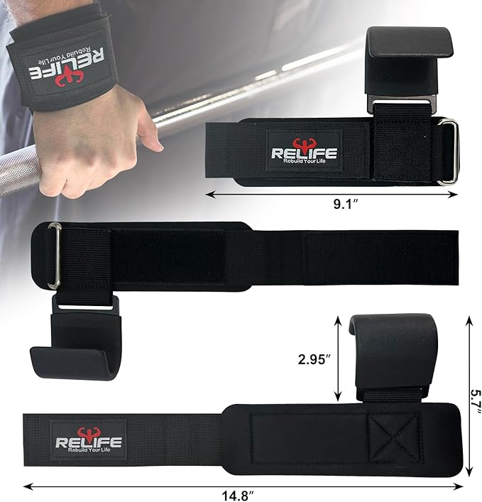 RELIFE REBUILD YOUR LIFE Lifting Hooks for Men and Women(Pair), Pull Up Straps, Gym Reapers Lifting Wrist Grips, Heavy Powerlifting, Lifting Hooks for Weight Lifting-FlexoryFit