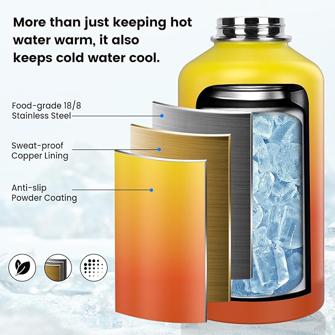 Insulated Water Bottle 87 oz, Triple Wall Vacuum Stainless Steel(Cold for 48 Hrs),Leak Proof & BPA-Free,One Gallon Water Bottle with Reflective Paracord & Flip Straw for Sports & Travel, Sunset-FlexoryFit