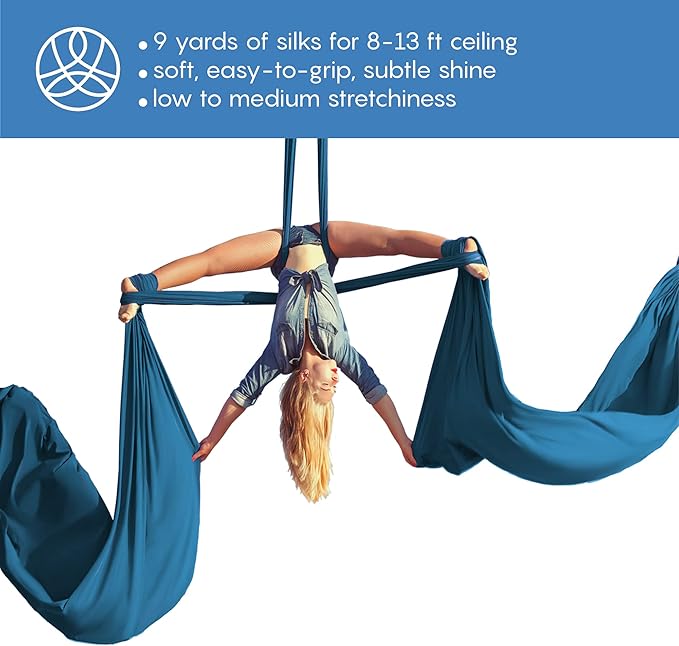 Aerial Silks Starter Kit - Durable 9 Yards of Aerial Yoga Hammock with Hardware & Guide - Aerial Swing for Acrobatic Flying Yoga & All Levels (Aerial Rigging Point Up to 13ft)-FlexoryFit