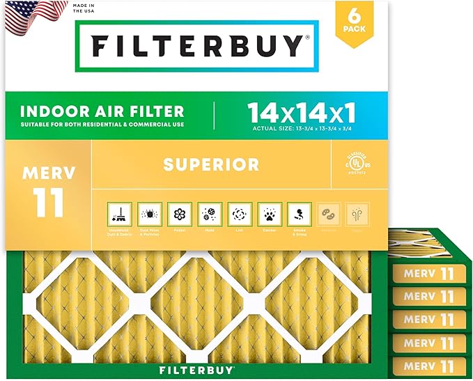 Filterbuy 14x14x1 Air Filter MERV 11 (MPR 1200) Allergen Defense Replacement (6-Pack), Electrostatic Pleated HVAC AC Furnace Filters, Made in USA (Actual Size: 13.75 x 13.75 x 0.75)