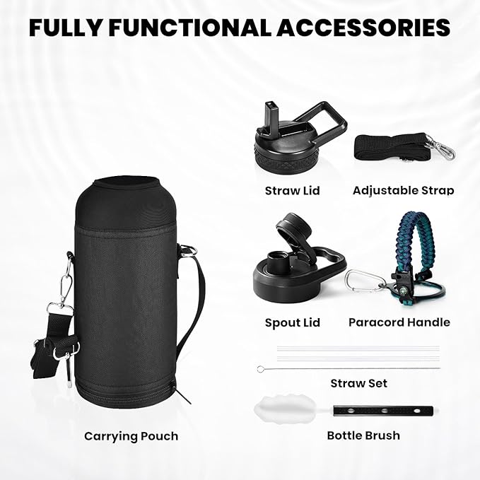 Insulated Water Bottle 32 oz, Triple Wall Vacuum Stainless Steel (Cold for 48 Hrs), Leak Proof & Non-BPA, Modern Water Flask Jug with Paracord Handle & Straw Spout Lids, Cyan Blue-FlexoryFit