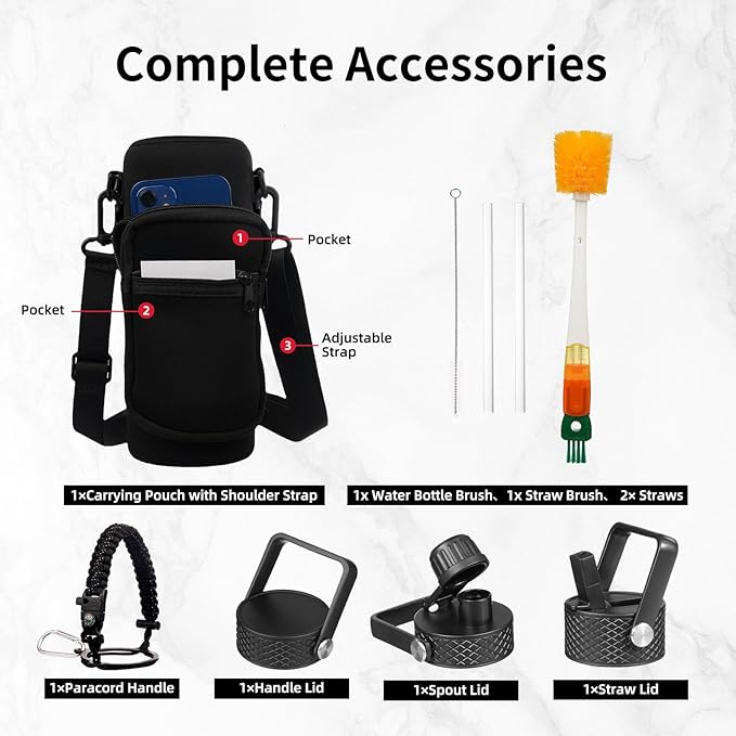 Insulated Water Bottle 64oz,Triple Wall Vacuum Stainless Steel(Dishwasher Safe),Leak Proof & Non-BPA,Flask Jug with Paracord Handle & Straw Spout Lids Sports-FlexoryFit