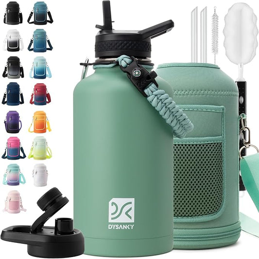 Insulated Water Bottle | Thickened Stainless Steel Vacuum Metal | Portable Sports Half Gallon Large Water Jug for Gym and Hiking with Straw, Carrier Bag, Handle Strap | BPA-Free 64 oz-FlexoryFit