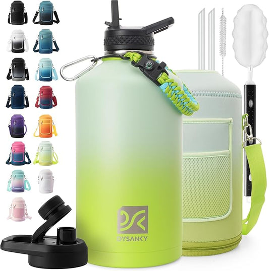 1 Gallon Water Bottle Insulated | Thickened Stainless Steel Vacuum Metal Water Jug | Portable Sports Large for Gym and Hiking with Straw, Carrier Bag, Handle Strap | BPA-Free 128 oz-FlexoryFit