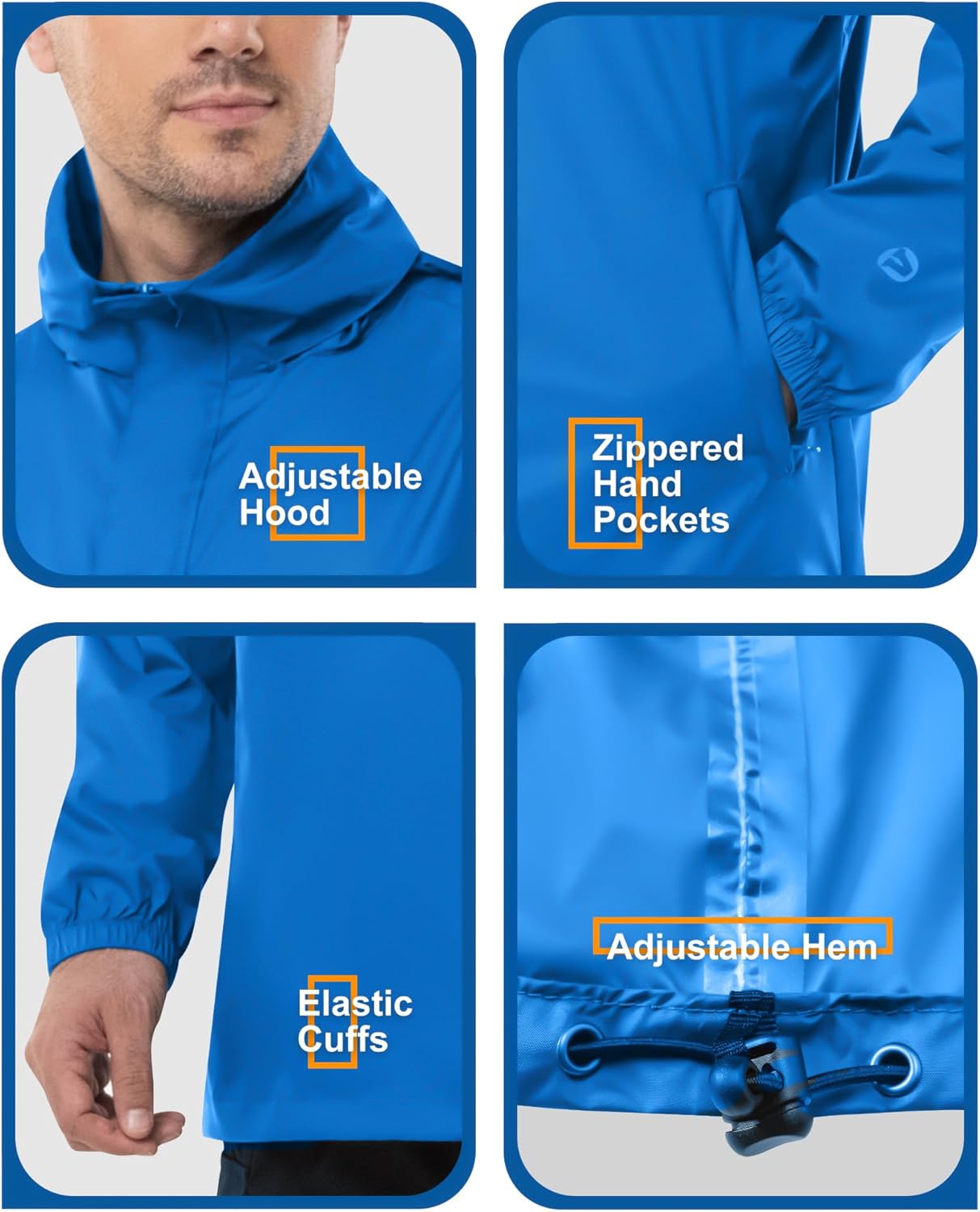 Outdoor Ventures Men's Rain Jacket Waterproof Lightweight Packable Rain Pullover for Hiking Golf Running