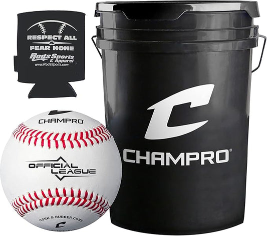CHAMPRO CBB-90 Durahide Cover Baseballs in a Black Bucket – 30 Balls and one Rods Can Sleeve Included
