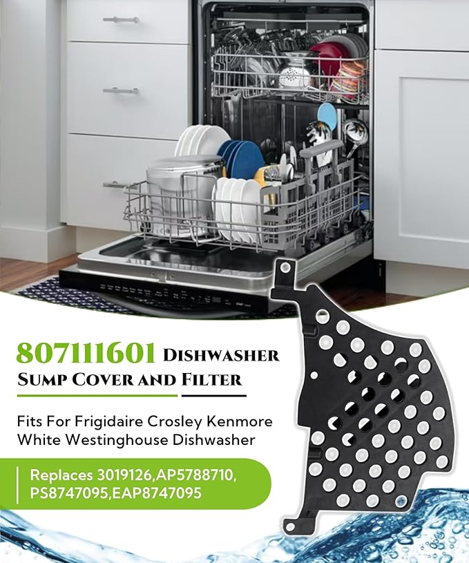 807111601 Dishwasher Sump Cover and Filter Inlet Pump Plate Fits For Frigidaire Crosley Kenmore White Westinghouse Dishwasher FFBD2406NW7B,Replaces 3019126,AP5788710,PS8747095,EAP8747095 ETC.