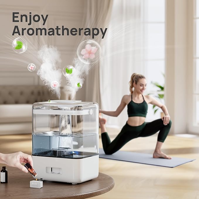 CHIVALZ 6L Humidifiers for Bedroom Large Room Home, Cool Mist Top Fill Humidifiers for Baby Nursery and Plants, 26dB Quiet, Nightlight, Up to 50 Hours, Oil Diffuser 1 Pack + 2 Mist Outlets White