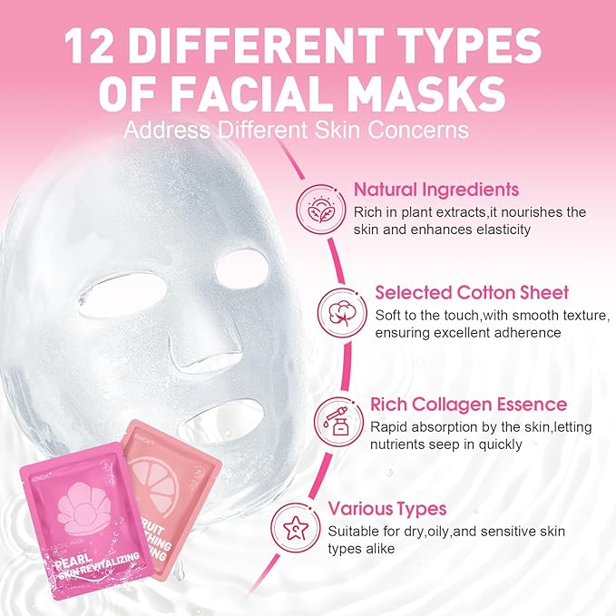 12 Pack Collagen Hydrating Face Masks Skincare, Sheet Face Mask for All Skin Types, Facial Masks Set for Women Skin Care, Face Mask Bulk Spa Gifts for Women-FlexoryFit