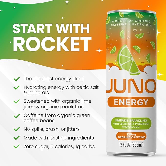 JUNO ENERGY Limeade Sparkling Energy Drink - Sugar Free Electrolytes, Energizing and Hydrating with 125mg Organic Caffeine from Green Coffee Beans, Organic Monk Fruit, Lime Juice & Electrolytes - Vegan, Gluten Free, 12 Pack-FlexoryFit