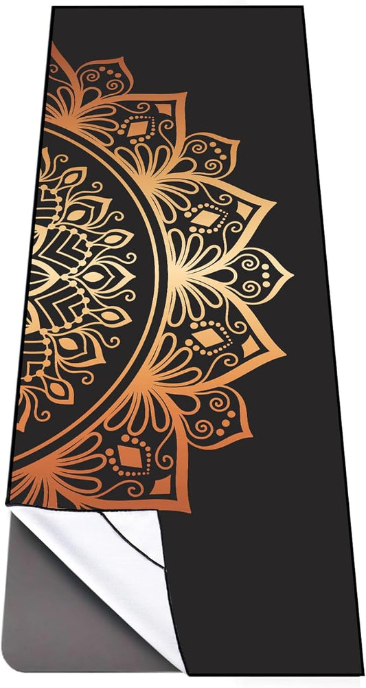 QiyI Yoga Mat Towel with Corner Pockets, Non Slip Sweat Absorbent Hot Yoga Towels, Soft Yoga Blankets with Travel Bag, Skidless Mat Cover for Workout, Gym, Fitness - 70"x26", Luxury Golden Mandala-FlexoryFit