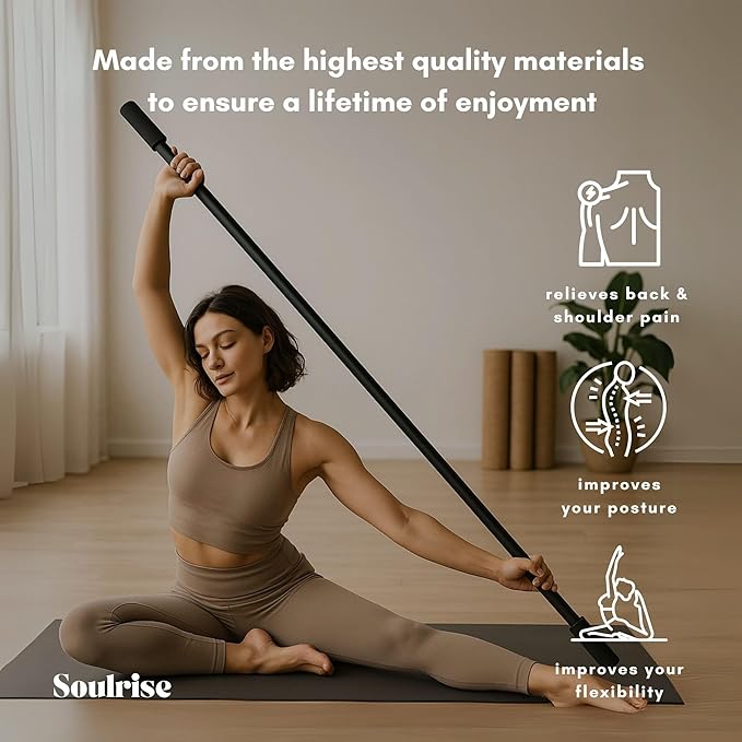 Yoga Stick for Mobility Exercise, Stretching, Pilates, Physical therapy, Fitness and other Workout - Adjustable 5 ft Pole will fix Posture, Stretch, Balance and Flexibility Training - Incl free E-book-FlexoryFit