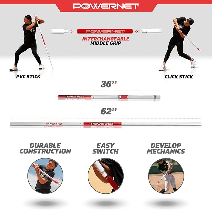 PowerNet Combo PVC/Click Stick Softball & Baseball Swing Trainer, Interchangeable Baseball Hitting Trainer, PVC Training Bat for Drills, Bat Speed Training Equipment-FlexoryFit