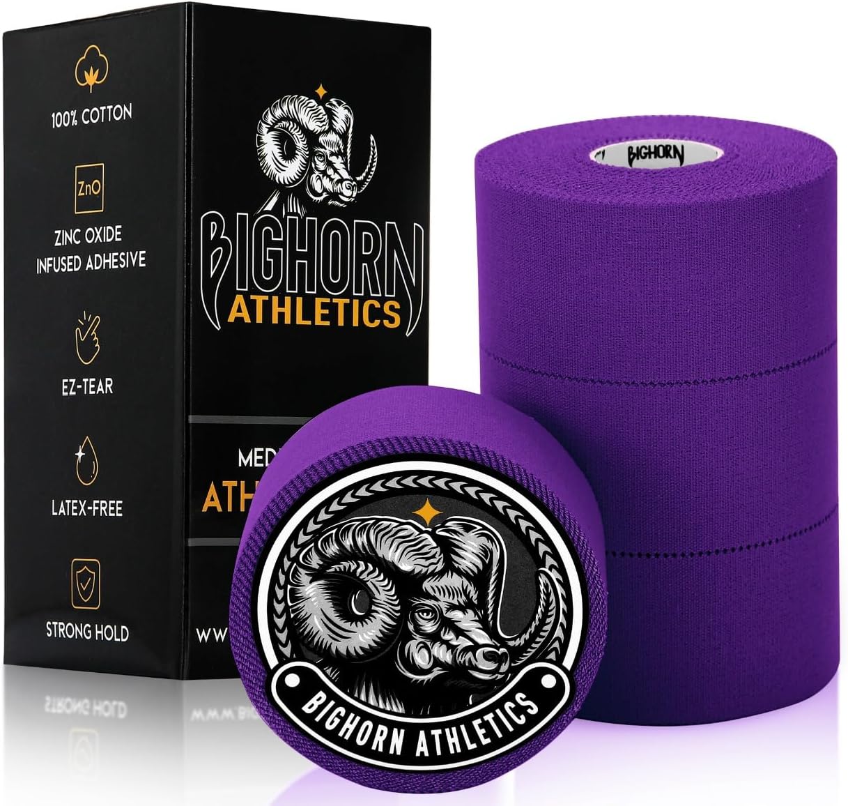 Bighorn Athletics Sports Tape | EZ-Tear Purple Athletic Tape for Wrist, Ankle & Foot Support | Zinc Oxide Infused & Latex-Free Adhesive, Breathable Cotton Fabric, 1.5-Inch x 45-Feet, 4 Rolls, Purple