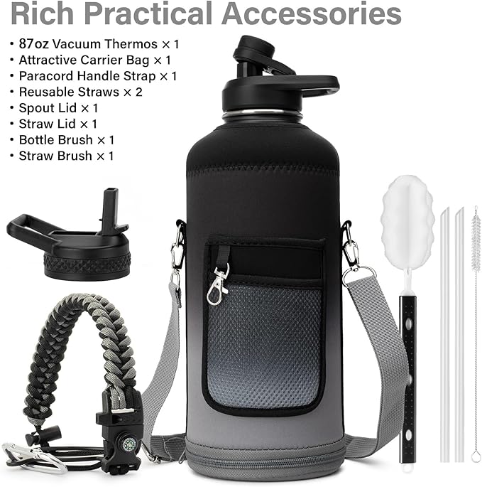 Insulated Water Bottle | Thickened Stainless Steel for Gym and Hiking with Straw, Carrier Bag, Handle Strap | BPA-Free 87 oz-FlexoryFit