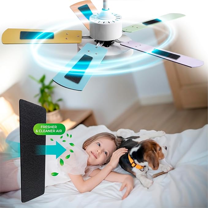 JJI Ceiling Fan Air Filter - Activated Charcoal Ceiling Fan Filters for Pets - Ceiling Fan Blades Shape Design - Easily Sticks on Ceiling Fan Blade Top (40Pack)