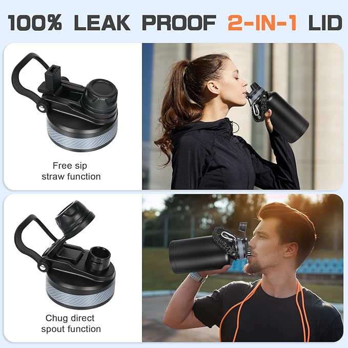 Insulated Water Bottle 64 oz, Half Gallon Water Jug Cold 48H, BPA Free Stainless Steel Bottles with Straw/Chug 2-in-1 Lid, Bag, Paracord Handle, Silicone Boot, Sports Gym School Metal Flask-FlexoryFit