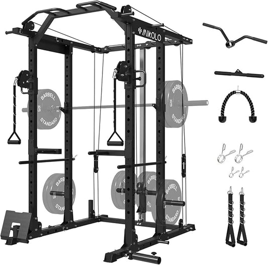 Mikolo Power Cage, Power Rack with Cable Crossover System, 1500LBS Squat Rack with LAT Pull Down System, Workout Cage with Pulley System for Fitness Home Gym-FlexoryFit